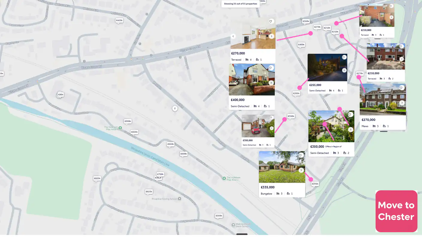 A map of a suburban area in Chester, UK, specifically around Vicars Cross Road, Pearl Lane, and Green Lane, north of the Shropshire Union Canal. The map is populated with numerous pink pins indicating properties for sale, many with associated price tags like £85k, £210k, £350k, and £550k. Several listings are expanded into pop-up windows showcasing photos of the homes and key details: a 4-bedroom terraced house for £270,000, a 4-bedroom semi-detached house for £400,000, a 3-bedroom semi-detached for £350,000, and a 3-bedroom bungalow for £335,000, among others. The map also shows local landmarks like The Holkham Play Area and Making Waves Swim School. This image visually represents the diverse range of housing types and price points available in this specific neighbourhood.